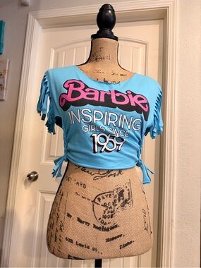 Barbie Blue Tie-Side Fringe Sleeve Crop Top with Pink Logo